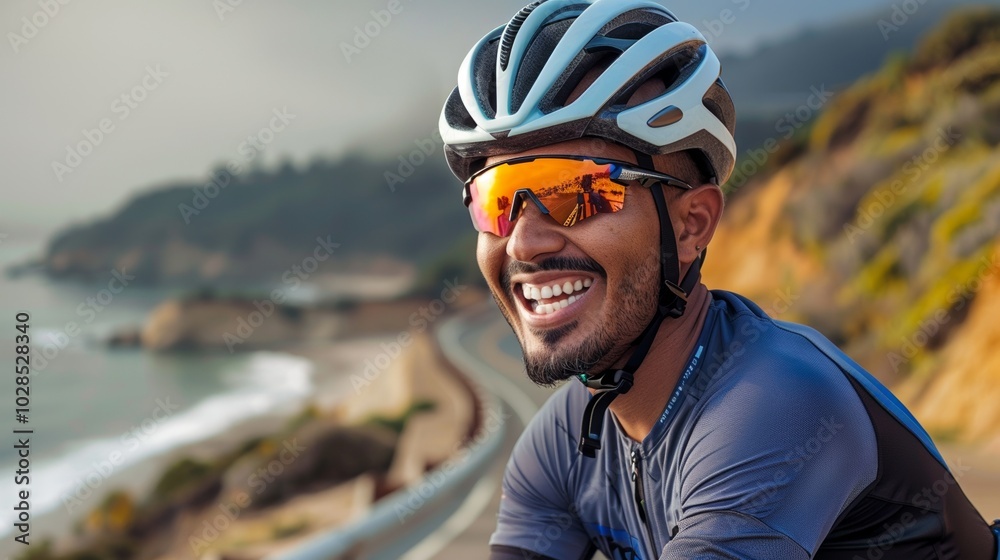 Relaxed cyclist pedaling near the beach, the serene sea creating a calming background. Relaxed cyclist pedaling near the beach, the serene sea creating a calming background.