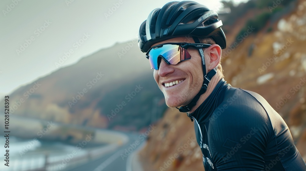 Fitness enthusiast cycling on a peaceful beach road, the seashore stretching out.
