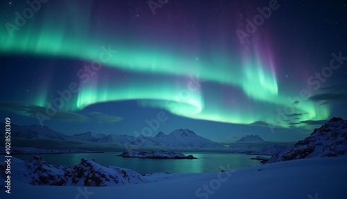 Stunning aurora borealis over snow-covered mountains and tranquil waters