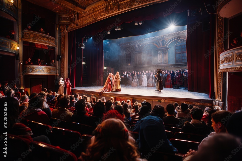 Actors in full costumes entertain an engaged audience, creating a captivating atmosphere in the historic theater during a live performance. Generative AI Actors in full costumes entertain an engaged audience, creating a captivating atmosphere in the historic theater during a live performance. Generative AI