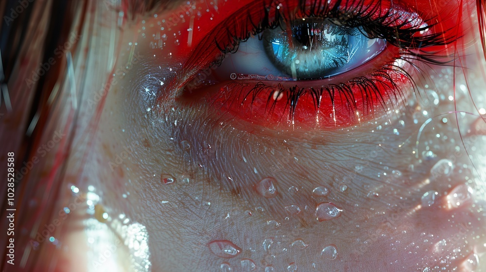 Fototapeta premium Close Up of a Woman's Eye with Water Drops and Makeup