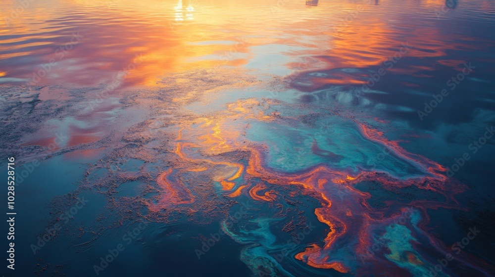 Sunset Reflections and Oil Slick on Water Sunset Reflections and Oil Slick on Water