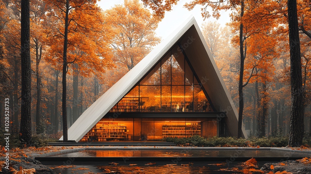 Fototapeta premium Modern Library in Autumn Forest Setting