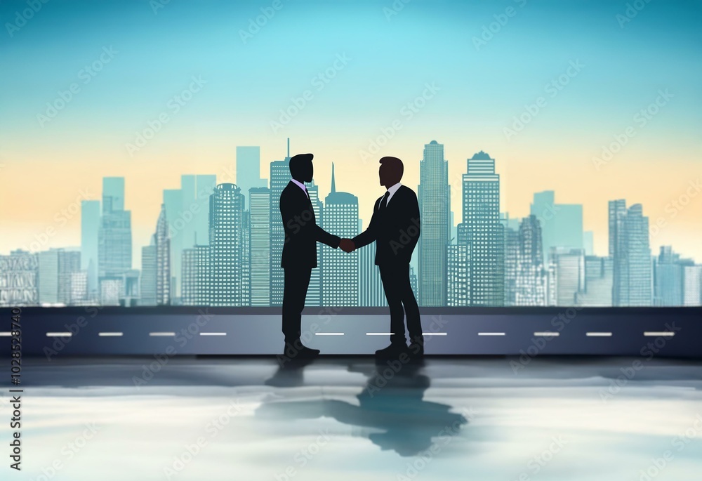 Two businesspeople shake hands in front of a city skyline. Two businesspeople shake hands in front of a city skyline.