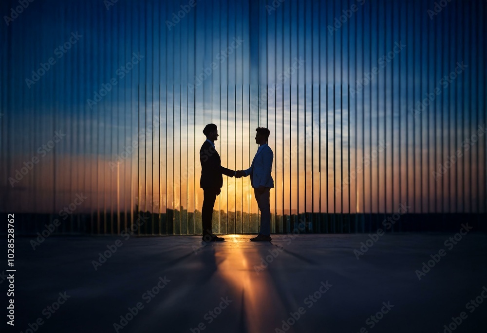 Two men stand in silhouette, shaking hands against a backdrop of vertical lines and a colorful sunset. Two men stand in silhouette, shaking hands against a backdrop of vertical lines and a colorful sunset.