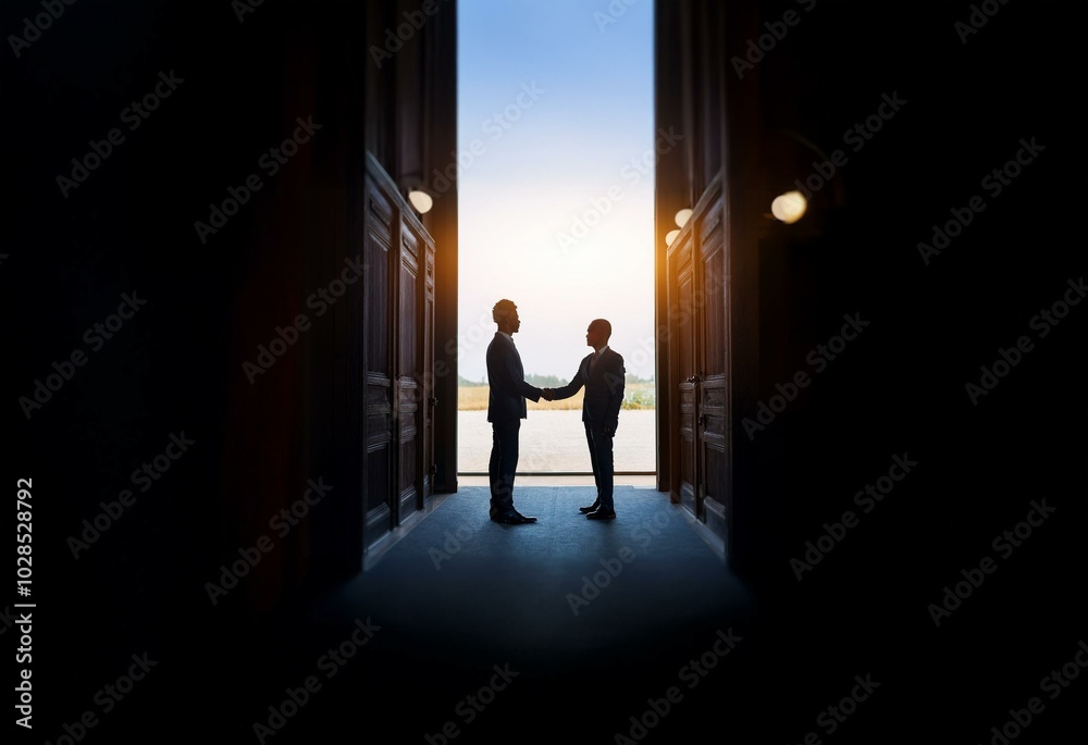 Two men stand in a doorway, shaking hands. They are silhouetted against a bright sky. Two men stand in a doorway, shaking hands. They are silhouetted against a bright sky.