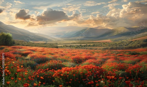 Sunlit poppy fields stretching towards distant hills, 4K hyperrealistic photo