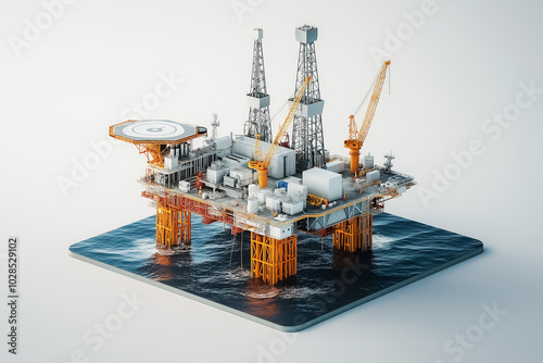Oil rig model on white background, used for illustration of petroleum business, world oil price.