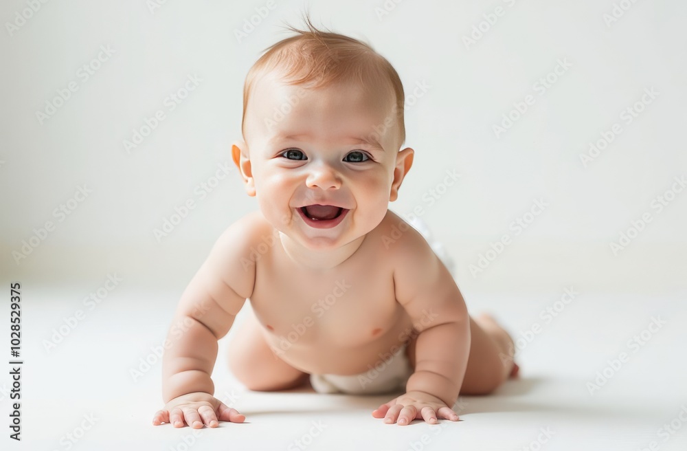 a happy child in diapers is sitting on the floor, a light background, free space for text a happy child in diapers is sitting on the floor, a light background, free space for text