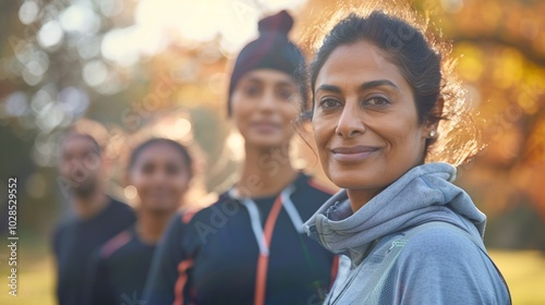 Active Indian woman enjoying a morning run in the park, wearing athletic clothing.