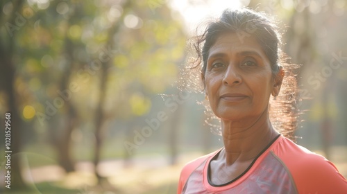 Active Indian woman running in sportswear through a park trail.