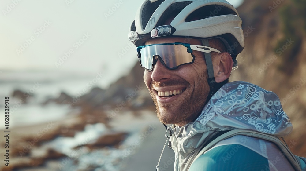 Fitness enthusiast cycling on a peaceful beach road, the seashore stretching out. Fitness enthusiast cycling on a peaceful beach road, the seashore stretching out.