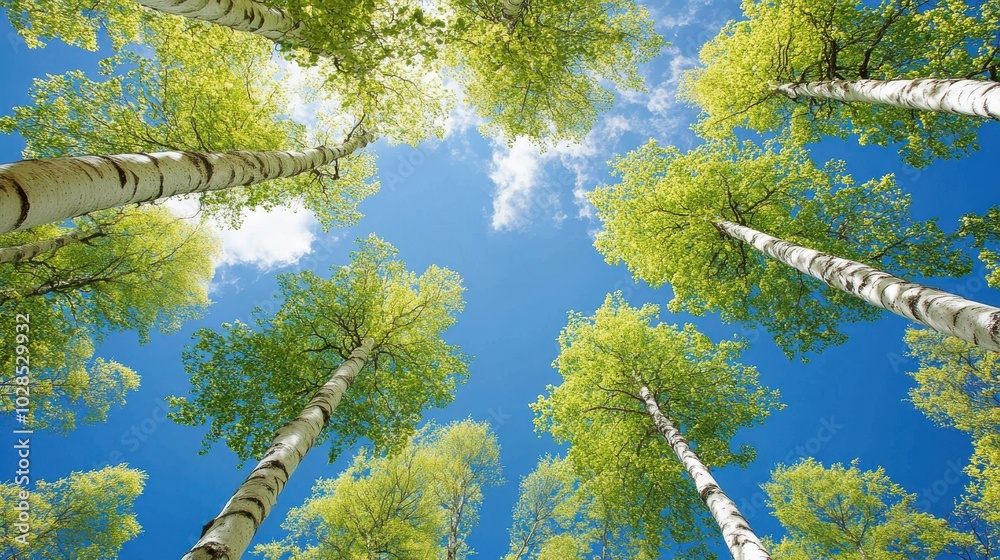 Tall trees against a blue sky, captured from below, sustainability concept, natural lighting