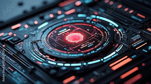 Futuristic control panel with glowing lights and intricate digital patterns.