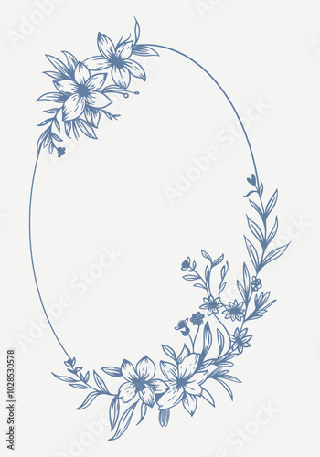 Botanical blue wedding frame or wreath on white background. Hand drawn floral, flower, leaf branch in toile de jouy style. Line art for wedding, monogram, invitation, greeting, logo, birthday cards