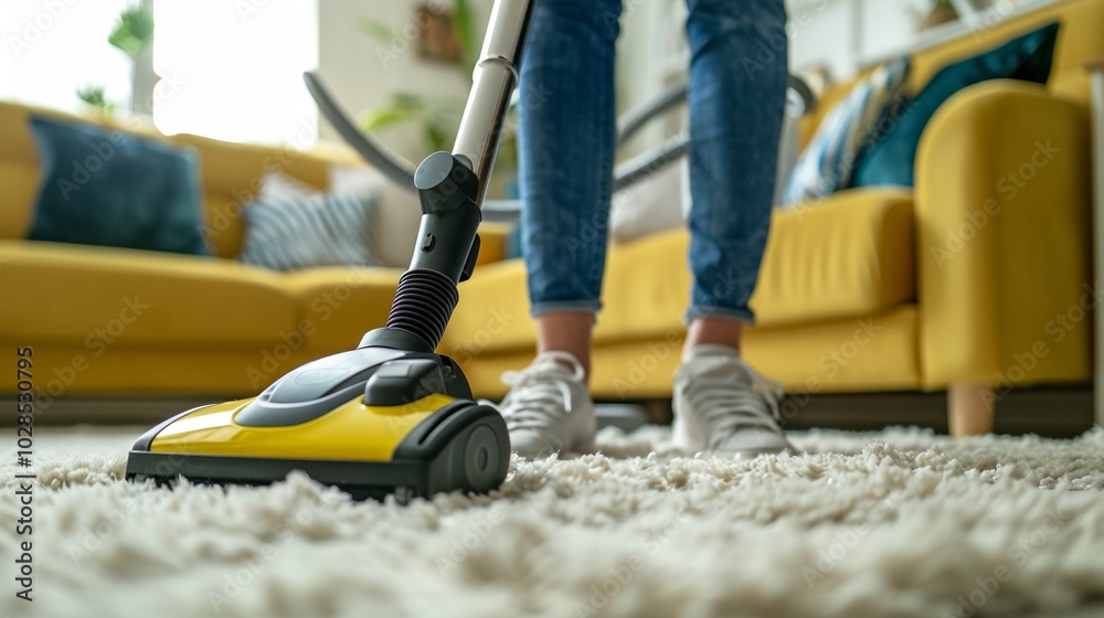 Woman's legs in motion as she vacuums the living room carpet in a bright, airy space. Woman's legs in motion as she vacuums the living room carpet in a bright, airy space.