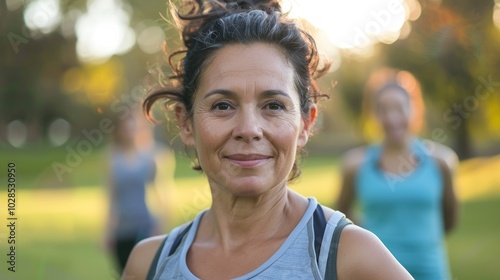 Middle-aged Latino woman running in a green park, keeping fit with outdoor exercise.