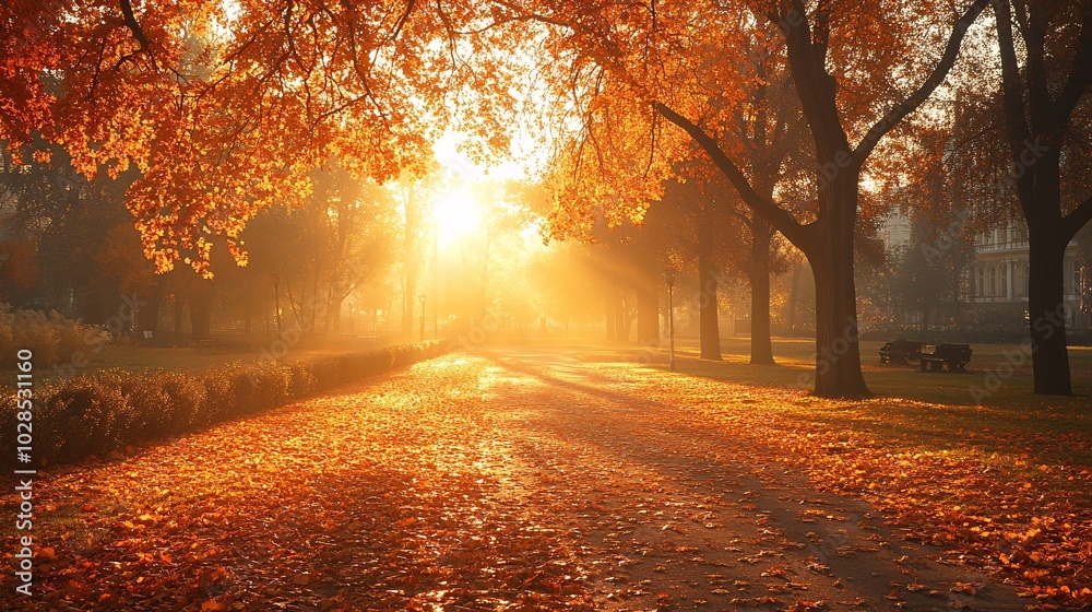 Fototapeta premium Golden Hour Glow in Autumn Park Scene