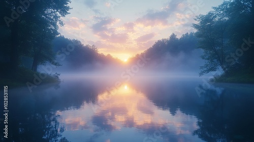 Reflections of Sunrise Over Misty Lake