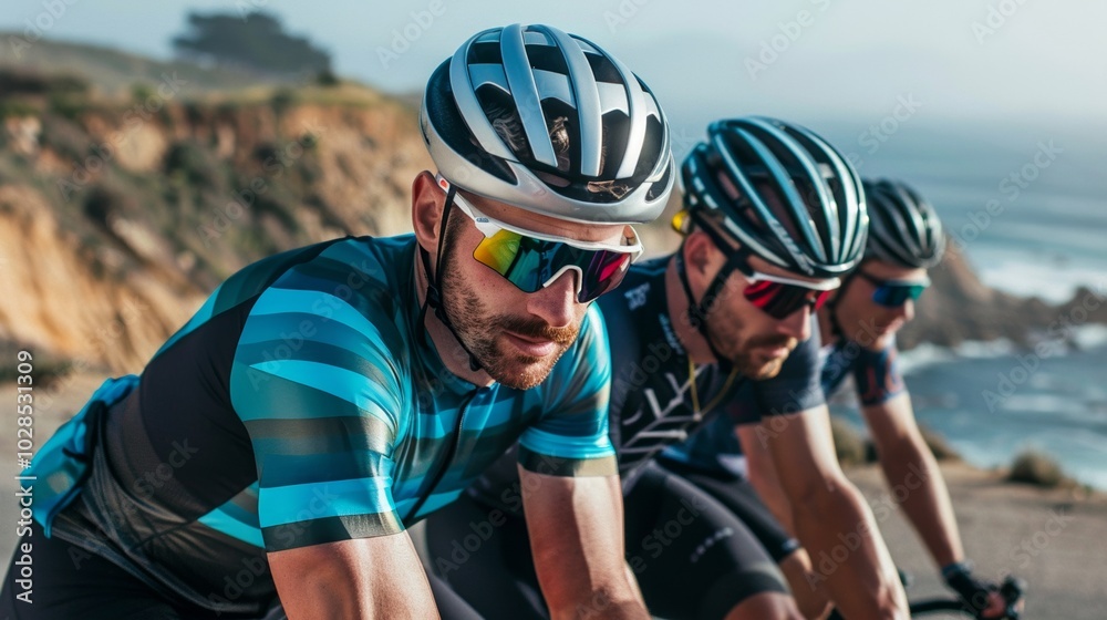 Horizontal portrait of three men biking along the coast, ocean waves creating a peaceful backdrop. Horizontal portrait of three men biking along the coast, ocean waves creating a peaceful backdrop.