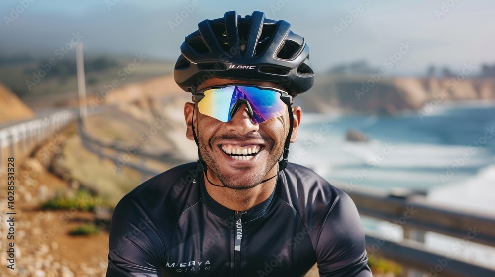 Horizontal shot of a man cycling near the water's edge on a sunny day. Horizontal shot of a man cycling near the water's edge on a sunny day.