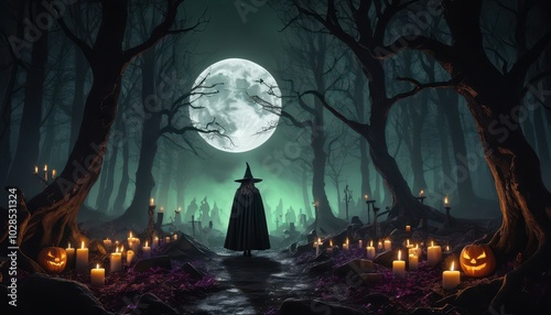 Enchanted Halloween Night: A Mysterious Witch in a Haunting Forest with Full Moon