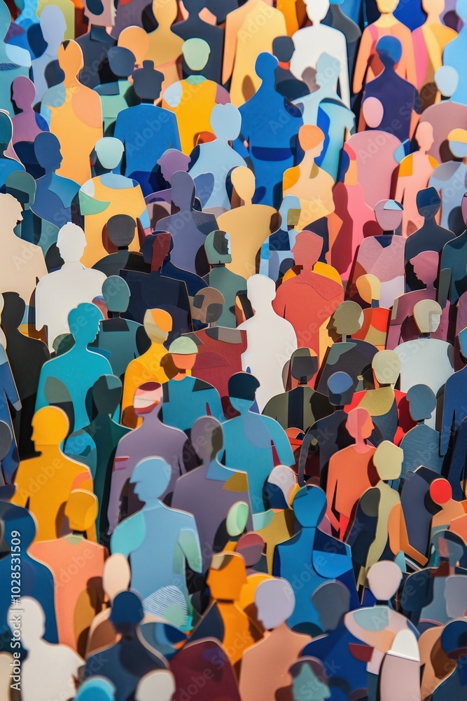 Obraz premium Vibrant crowd of paper people shapes in abstract unity