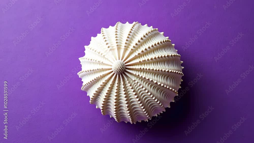 A white, spiraled seashell sits on a purple background