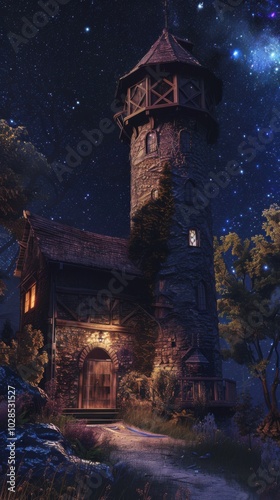 Mysterious wizard's tower under a starry sky, 4K hyperrealistic photo.