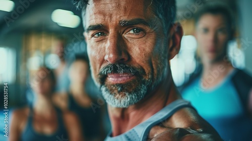 Experienced fitness coach in his 40s posing for a portrait in the gym, showing dedication.