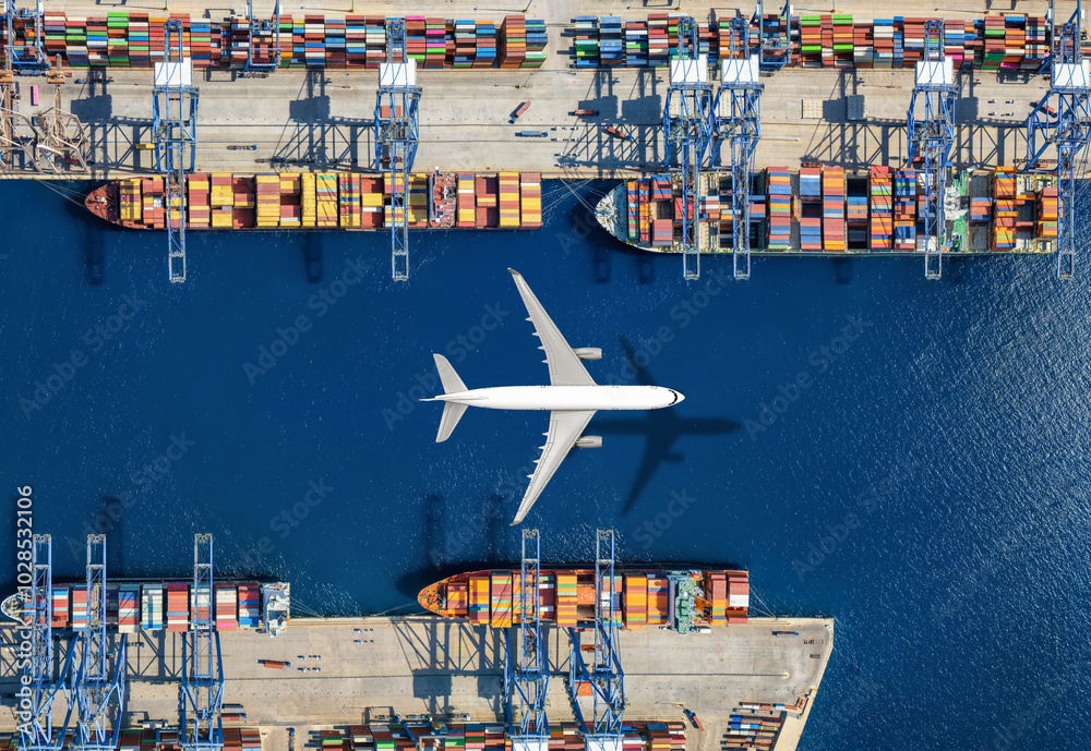Aerial top view of a cargo plane flying above container freight port with docked ships and loading and unloading by cranes and trucks