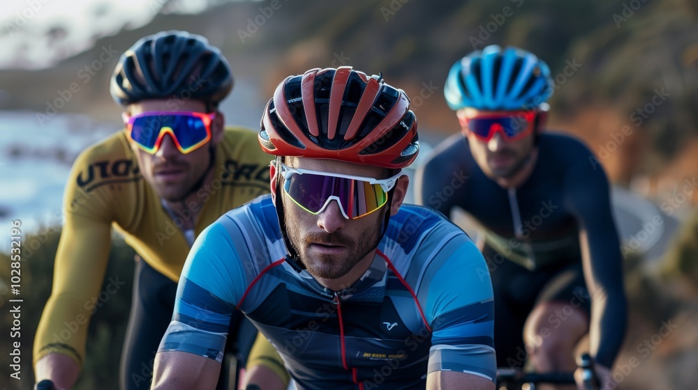 Three cyclists enjoy a group ride by the sea, soaking in the coastal scenery. Three cyclists enjoy a group ride by the sea, soaking in the coastal scenery.
