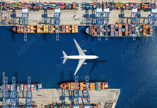Obraz na płótnie Aerial top view of a cargo plane flying above container freight port with docked ships and loading and unloading by cranes and trucks w salonie