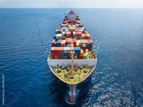 Aerial front view of a big cargo container carrier ship sailing over the ocean with speed