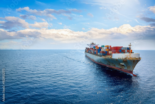 Panoramic front view of a large cargo ship carrying containers for import and export, business logistic and transportation concept wth copy space 