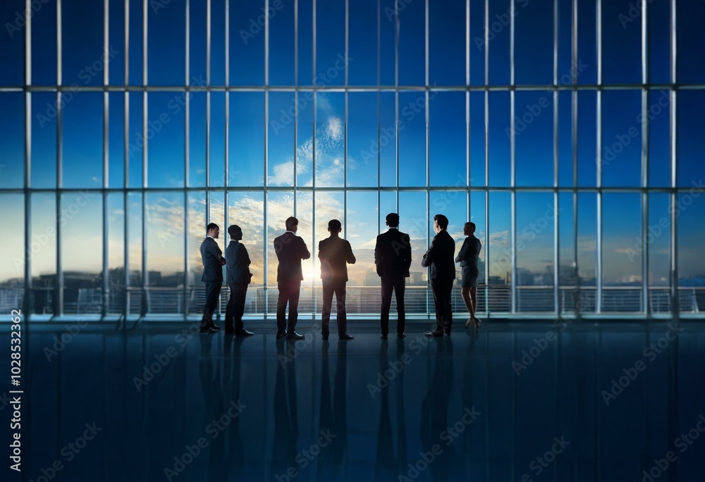 Silhouettes of six people in business attire stand looking out a window, with a cityscape and blue sky in the background. Silhouettes of six people in business attire stand looking out a window, with a cityscape and blue sky in the background.