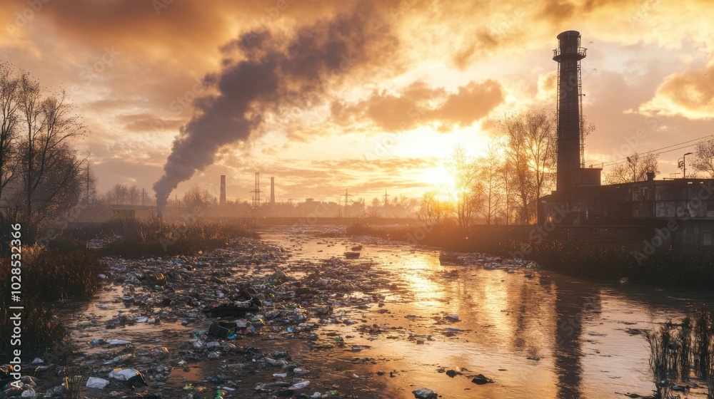 Industrial Pollution at Sunset with a River of Garbage Industrial Pollution at Sunset with a River of Garbage