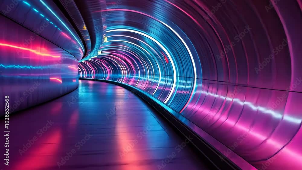 A brightly lit tunnel with pink and blue neon lights