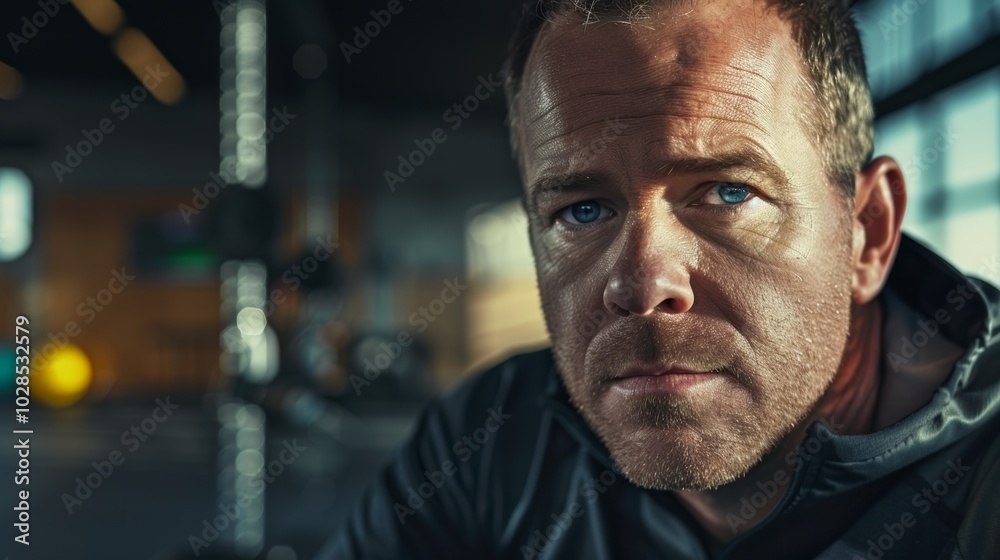 Horizontal view of a male gym coach, aged 40, posing for a portrait in a fitness setting. Horizontal view of a male gym coach, aged 40, posing for a portrait in a fitness setting.