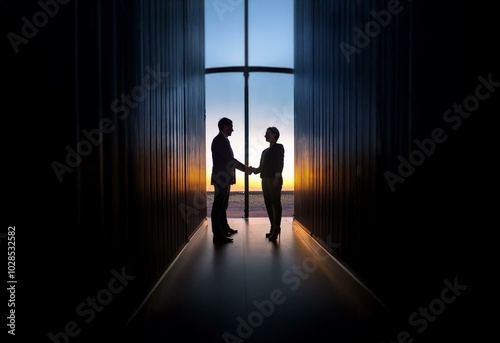 Wallpaper Mural Two silhouettes of a man and a woman shaking hands, standing in a doorway with a sunset behind them. Torontodigital.ca