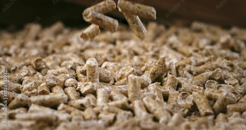 Super slow motion macro of renewable energy sources heating wood compressed pellets are falling on pile of it for quality control at 1000 fps. Super slow motion macro of renewable energy sources heating wood compressed pellets are falling on pile of it for quality control at 1000 fps.