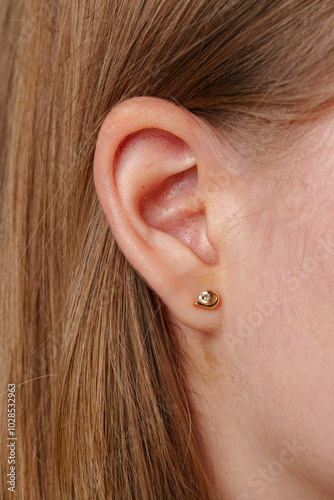 Close-up of a woman's ear adorned with a delicate gold stud earring in a indoor setting photo