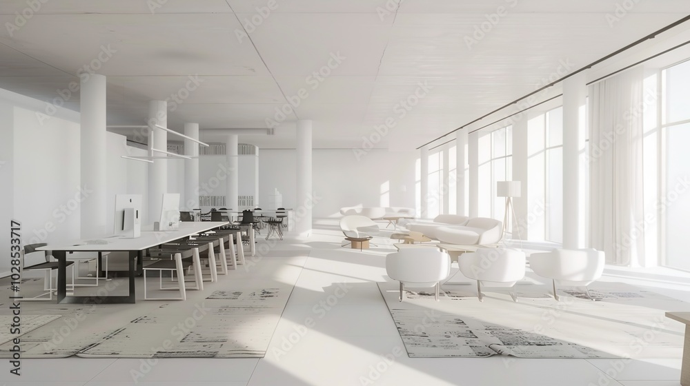 Fototapeta premium A modern office layout showcasing multiple workstations with sleek white tables and gray upholstered booth seating, designed for a contemporary and efficient work environment