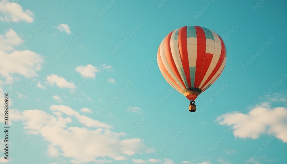 Naklejka premium A vibrant hot air balloon floating gracefully against a clear blue sky, evoking feelings of adventure and freedom.
