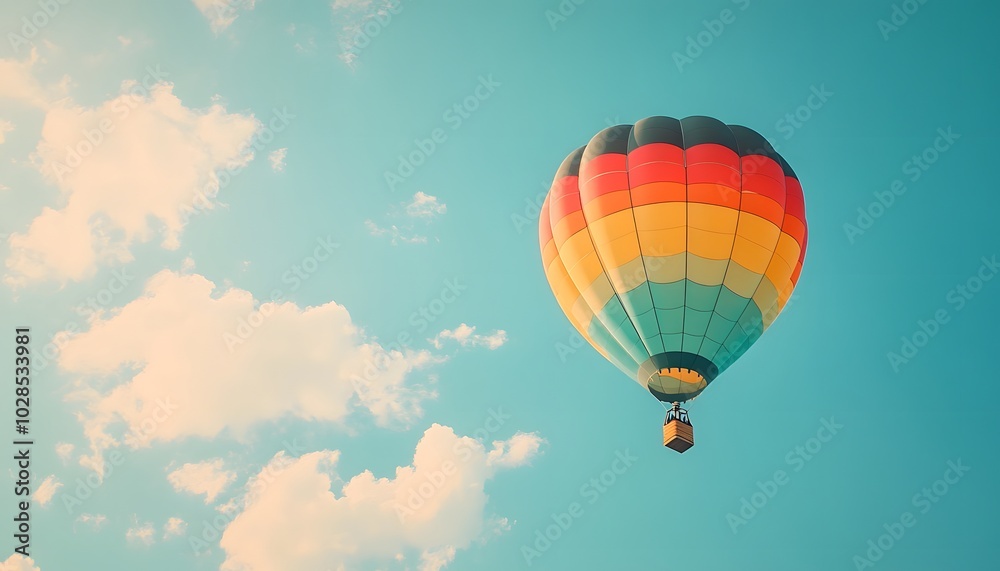 Fototapeta premium A vibrant hot air balloon floats gracefully in a clear blue sky, surrounded by fluffy white clouds, capturing the essence of freedom.
