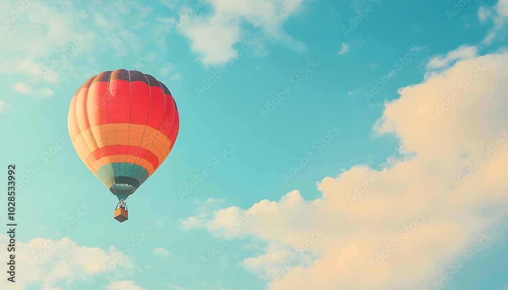 A vibrant hot air balloon soaring through a clear blue sky, surrounded by fluffy white clouds, capturing the essence of adventure. A vibrant hot air balloon soaring through a clear blue sky, surrounded by fluffy white clouds, capturing the essence of adventure.
