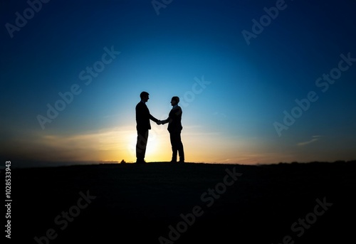 Two men in suits shake hands against a setting sun.