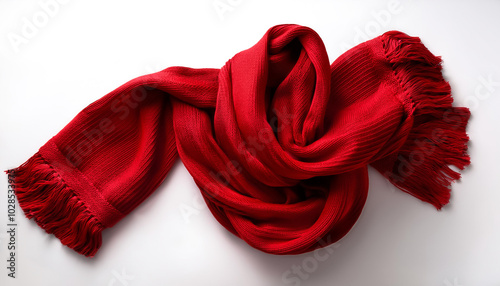 Red scarf isolated on white. Single object, copy space backdrop. Blank.Christmas decor