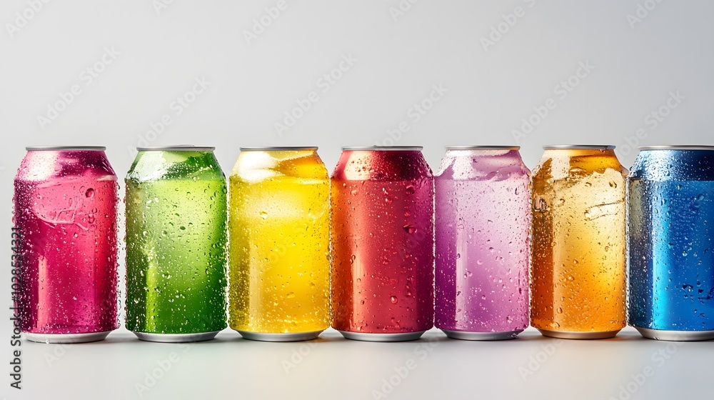 Colorful aluminum cans with droplets, arranged in a row, showcasing vibrant beverage options for a refreshing drink experience.