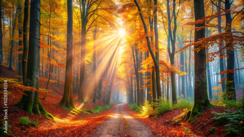 Tranquil misty beech forest, vibrant autumn colors, serene footpath, and glowing light beam